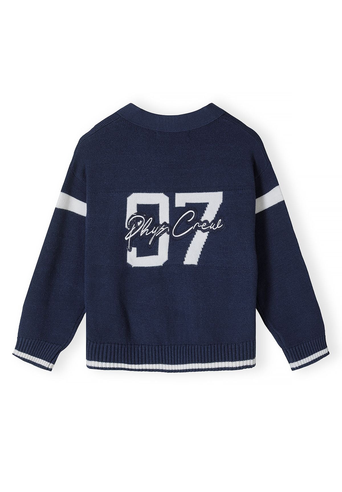 Boys' navy cardigan with varsity stripes and patch pockets – Minoti 34KNIT400, 5