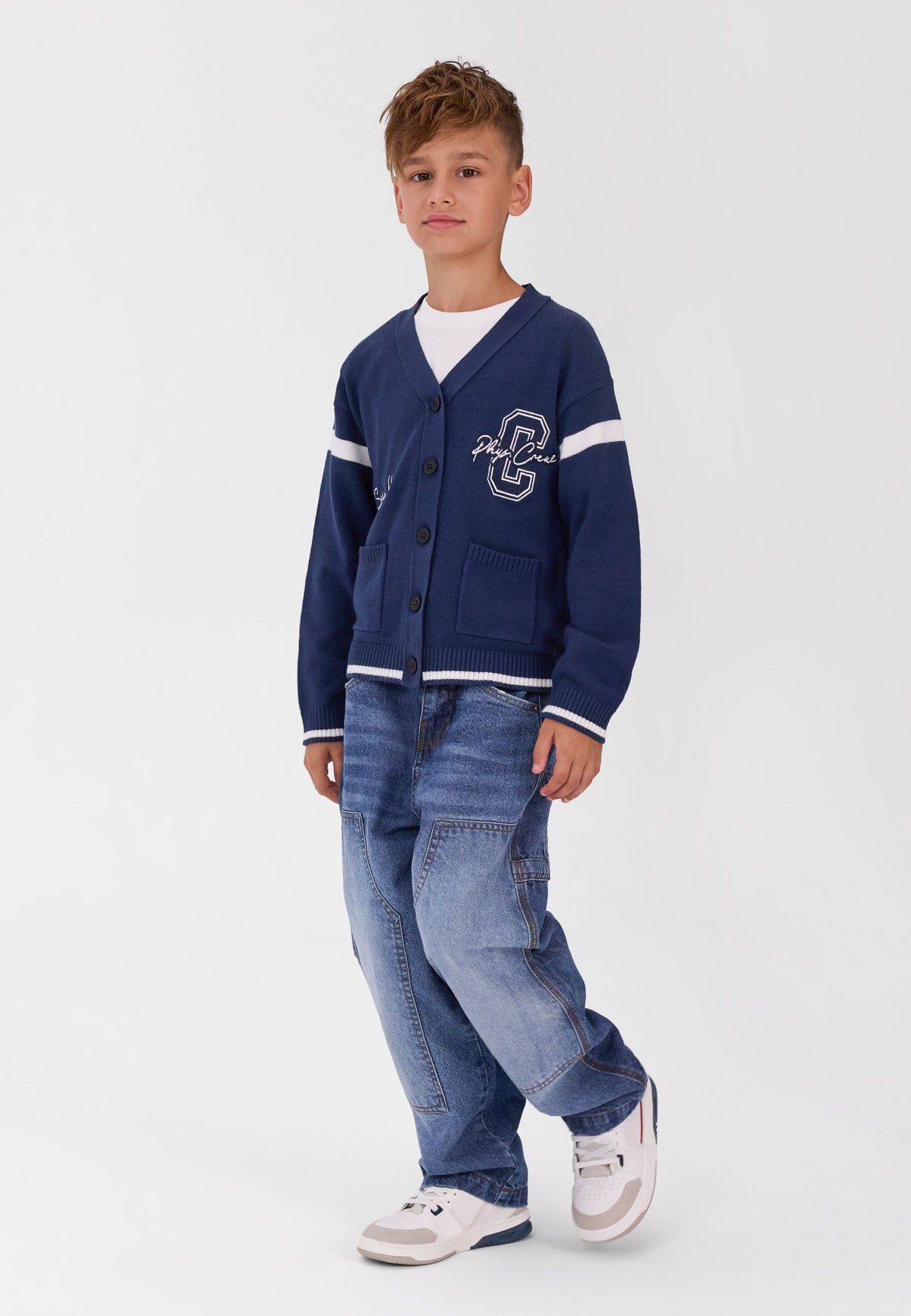 Boys' navy cardigan with varsity stripes and patch pockets – Minoti 34KNIT400, 3