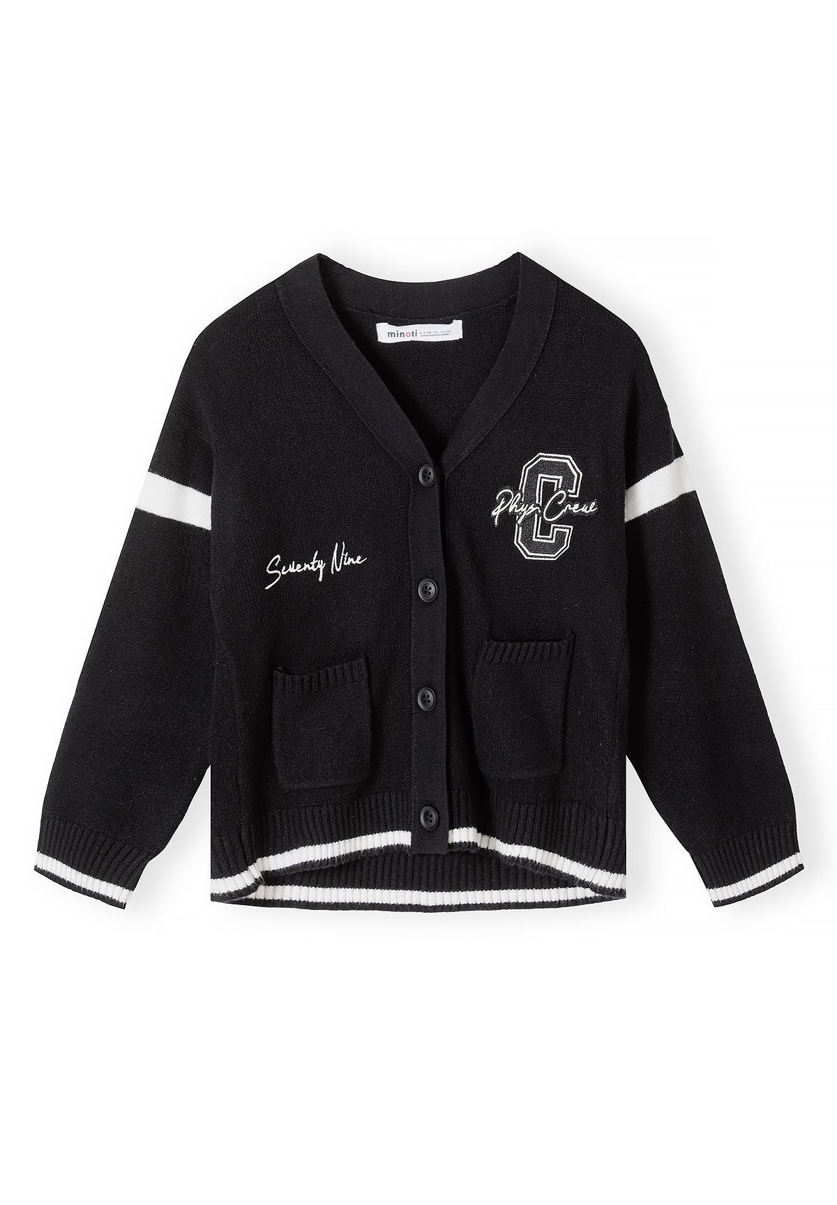 Boys' black cardigan with varsity stripes and patch pockets – Minoti 34KNIT401, 5