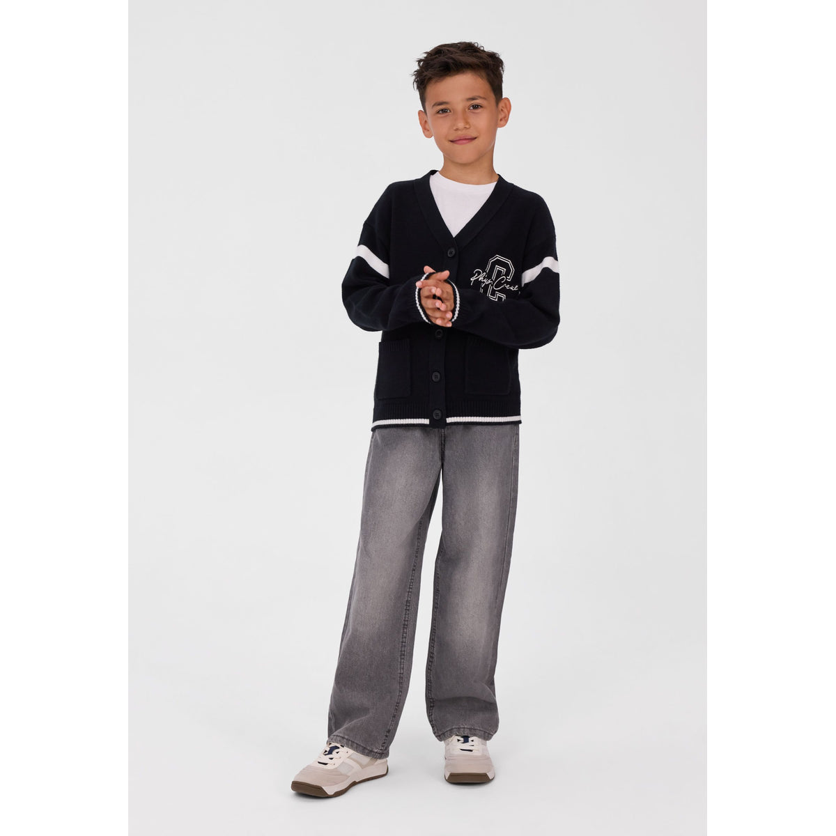 Kids' varsity cardigan in black and cream — complete product view for square Shop card