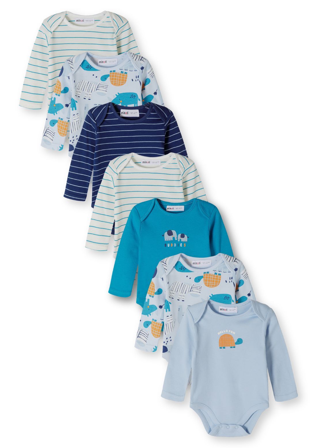 Babyblauwe hemdjes met lange mouwen en dierenprint (7-pack), alle zeven hemdjes.
