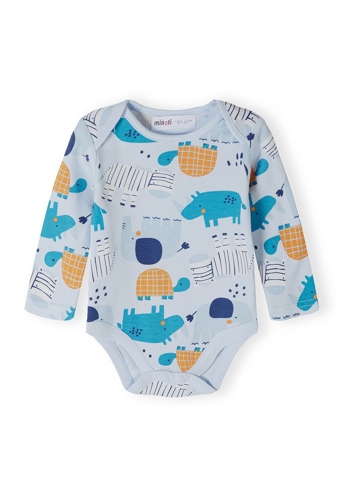 Babyblauwe hemdjes met lange mouwen en dierenprint (7-pack), hemdje met dierenprint, voorkant.