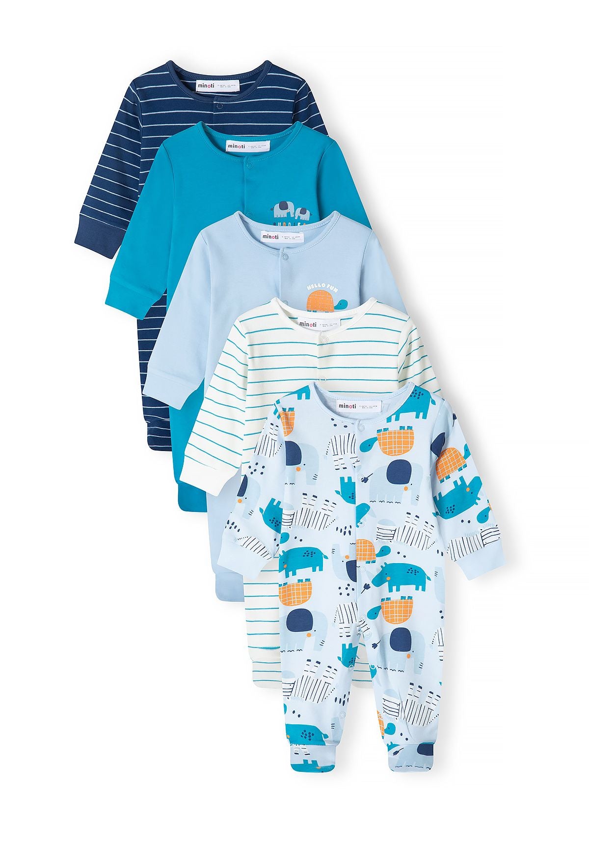 Baby sleepsuits, 5-pack in stripes, plains and prints – Minoti 31BABYPACK8