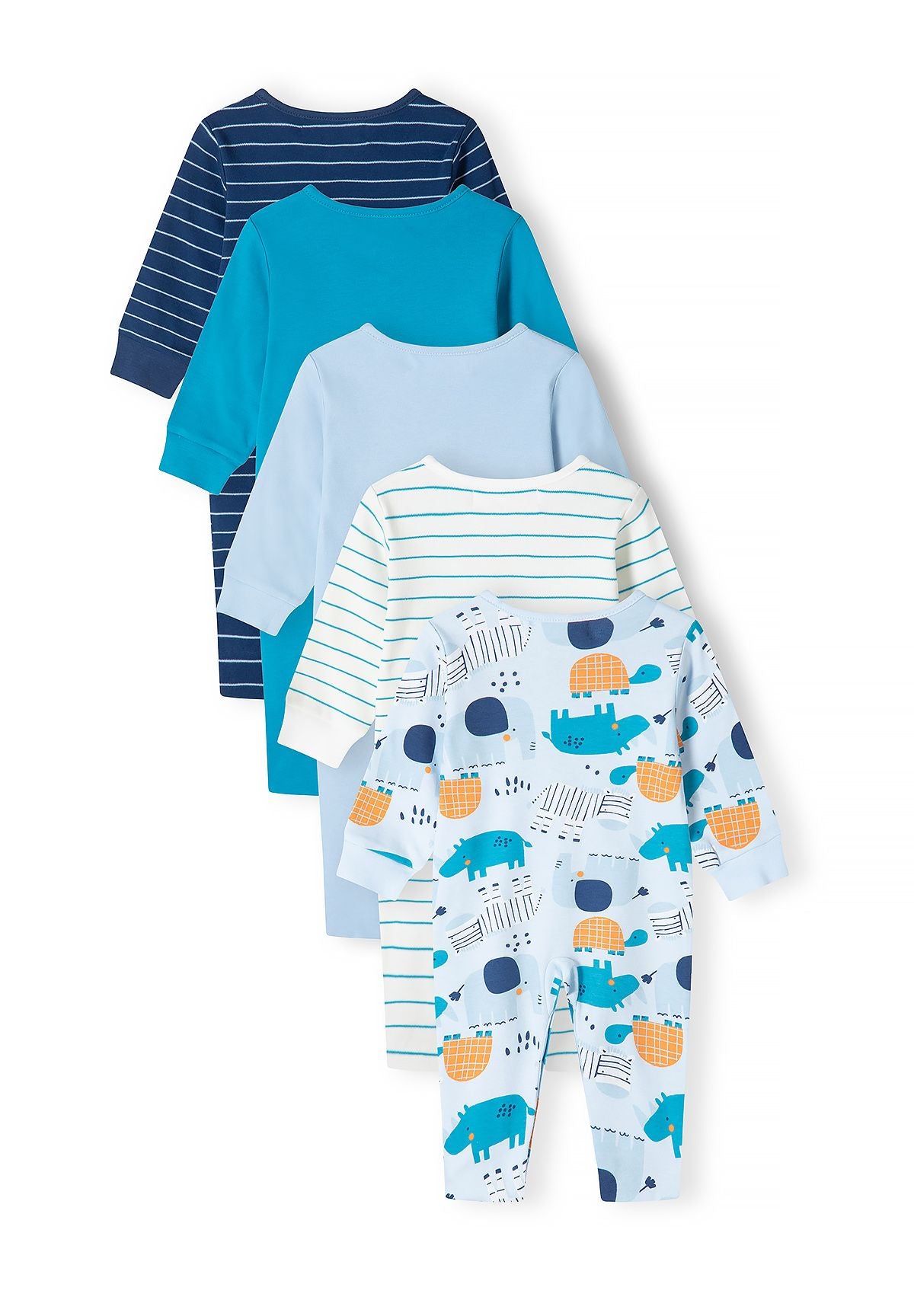 Babyblauwe slaapzakjes met dierenprint (set van 5), alle vijf slaapzakjes, achterkant.