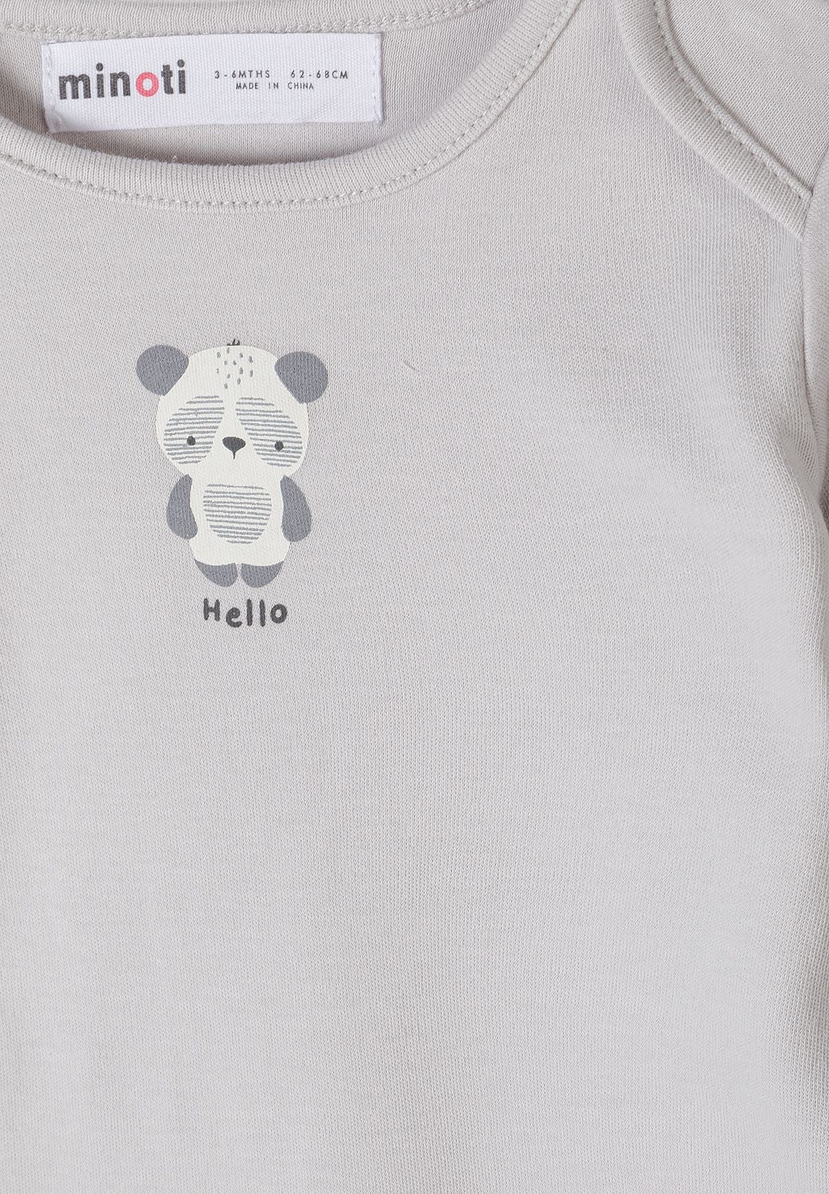 Babybeige, grijze en witte hemdjes met lange mouwen en print (set van 5), detail van de pandaprint.