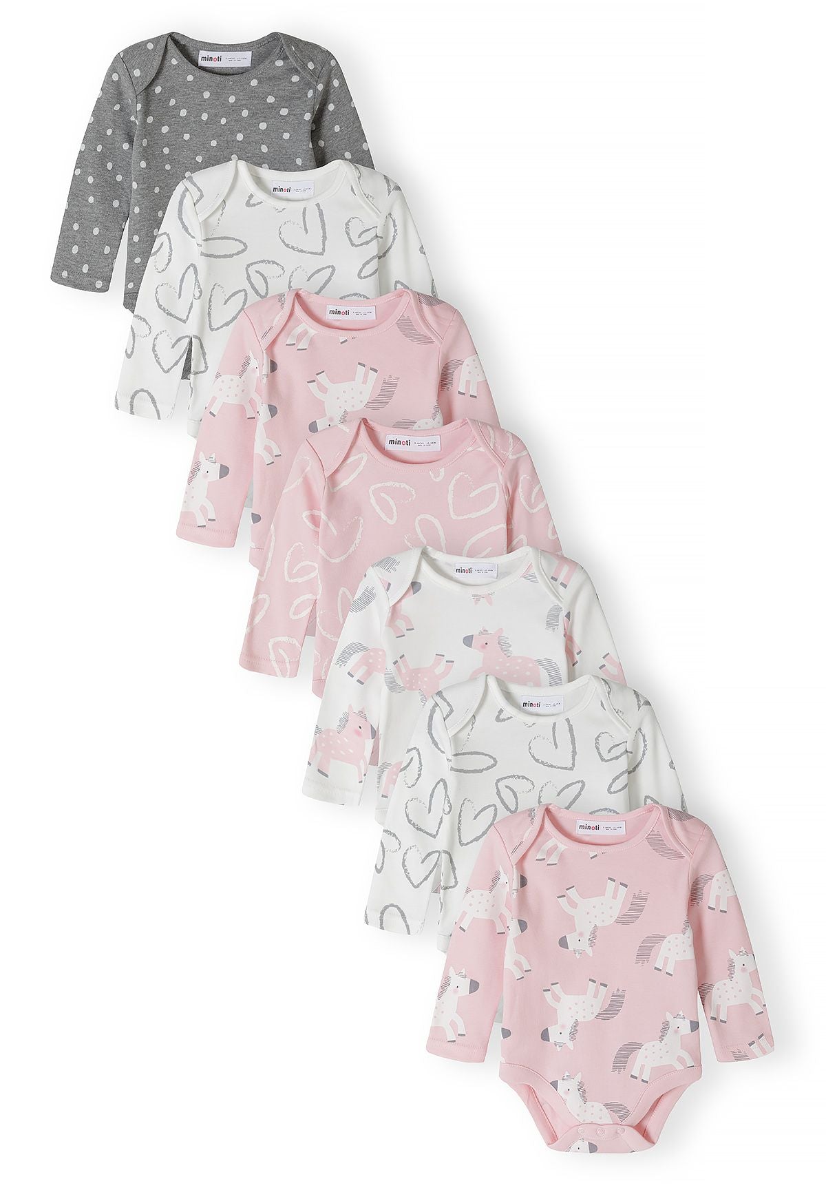 Babyroze, witte en grijze rompertjes met lange mouwen en eenhoornprint (7-pack), alle zeven rompertjes.