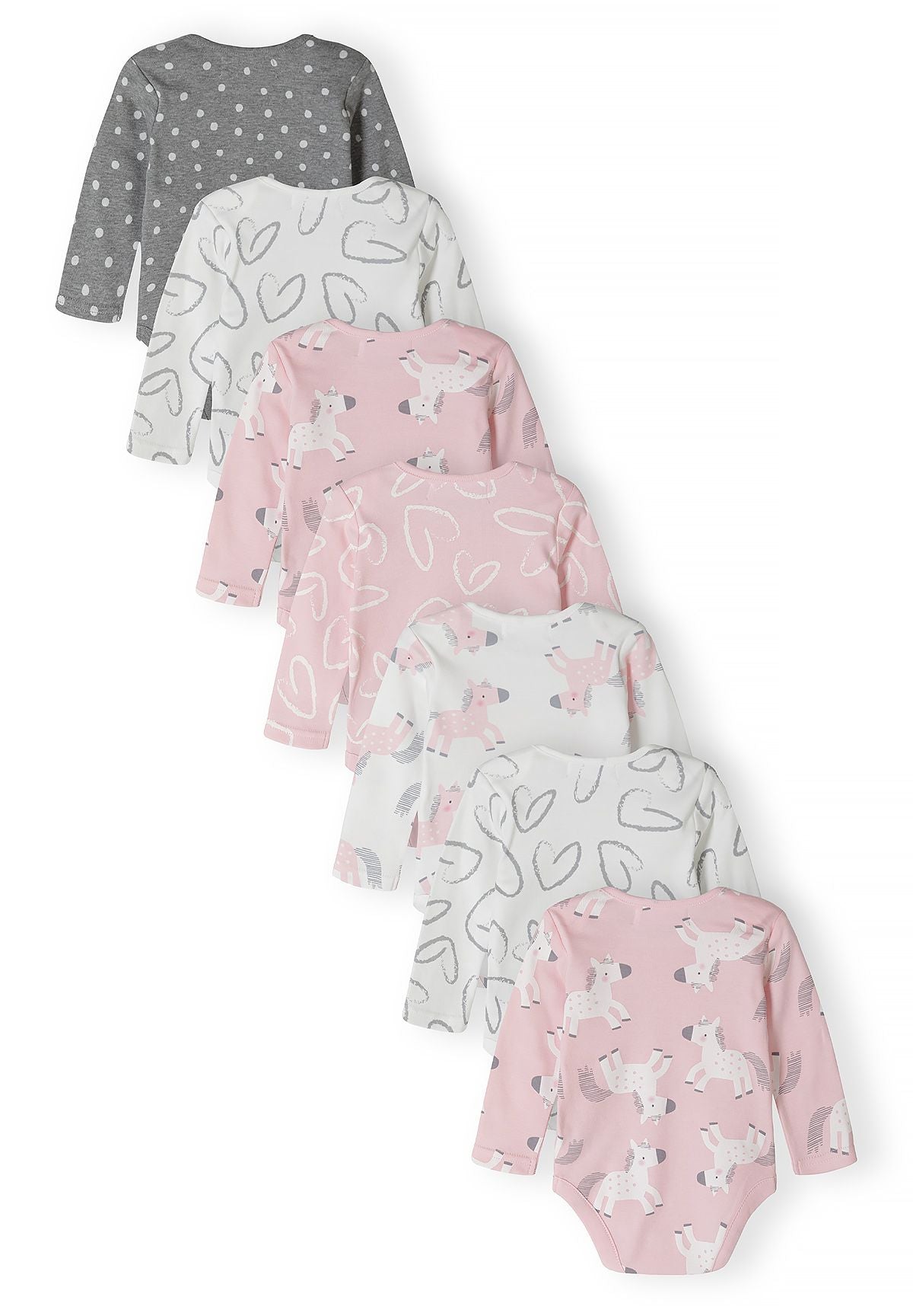 Babyroze, witte en grijze hemdjes met lange mouwen en eenhoornprint (7-pack), alle zeven hemdjes, achterkant.
