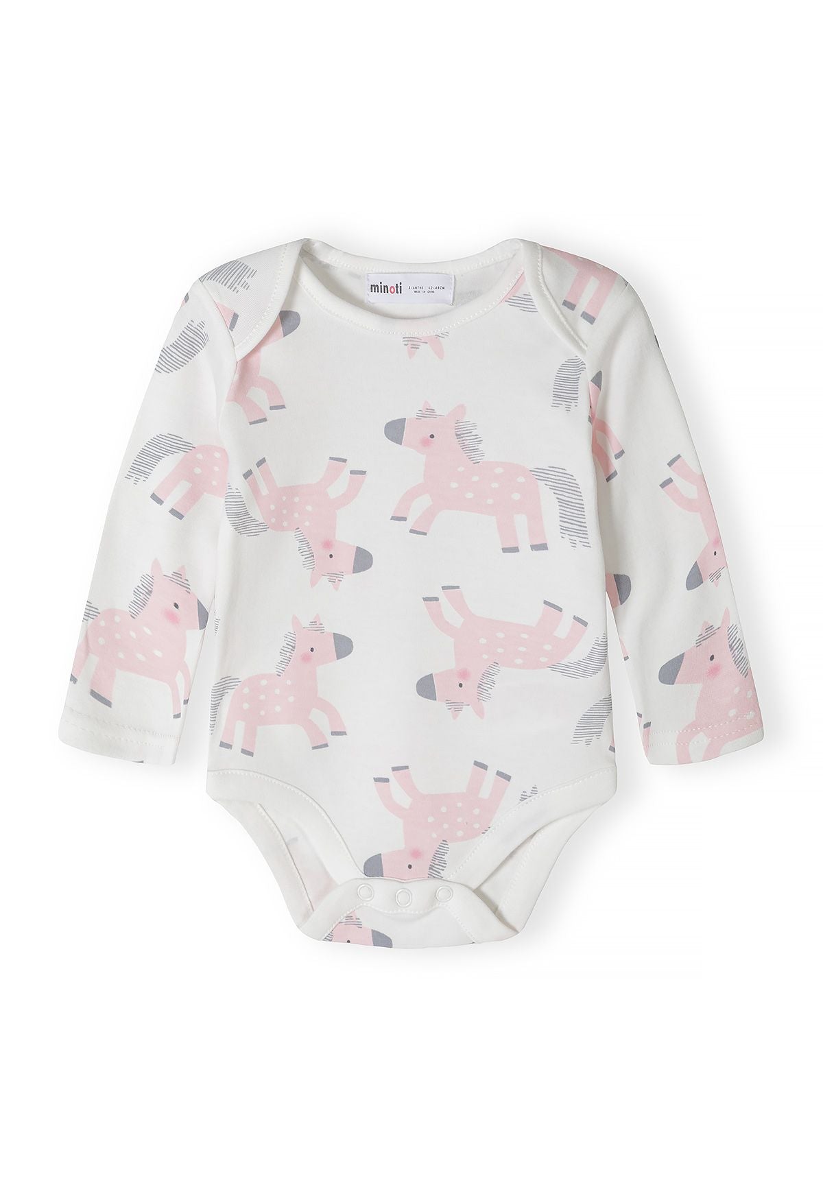 Babyroze, witte en grijze hemdjes met lange mouwen en eenhoornprint (set van 7), wit hemdje met eenhoornprint, voorkant.