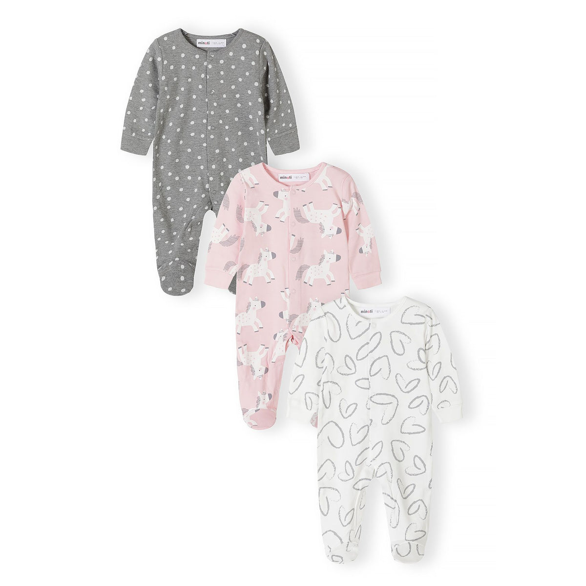 Baby pony and heart-print sleepsuits, 3-pack — complete product view for square Shop card