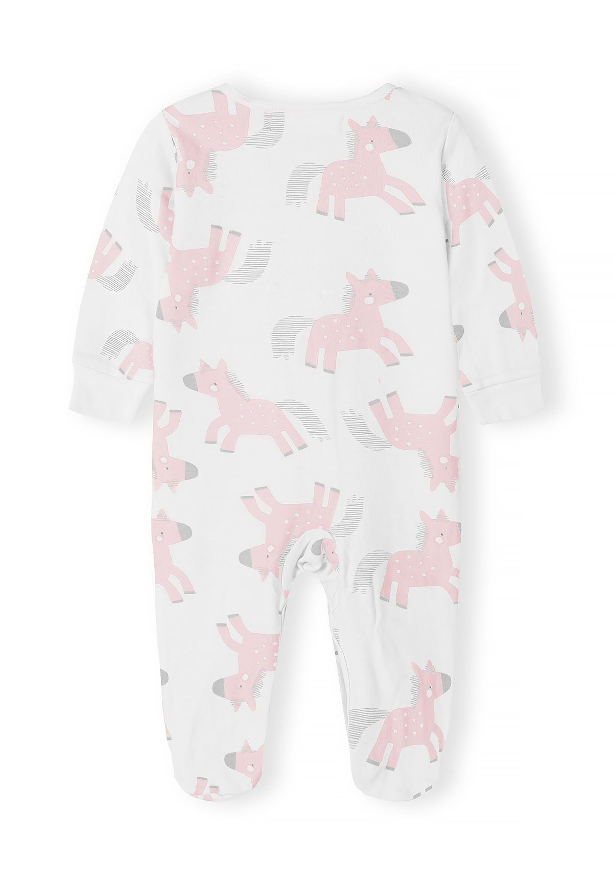 Babyroze, grijze en witte slaapzakjes met eenhoornprint (set van 5), wit slaapzakje met eenhoornprint, achterkant.