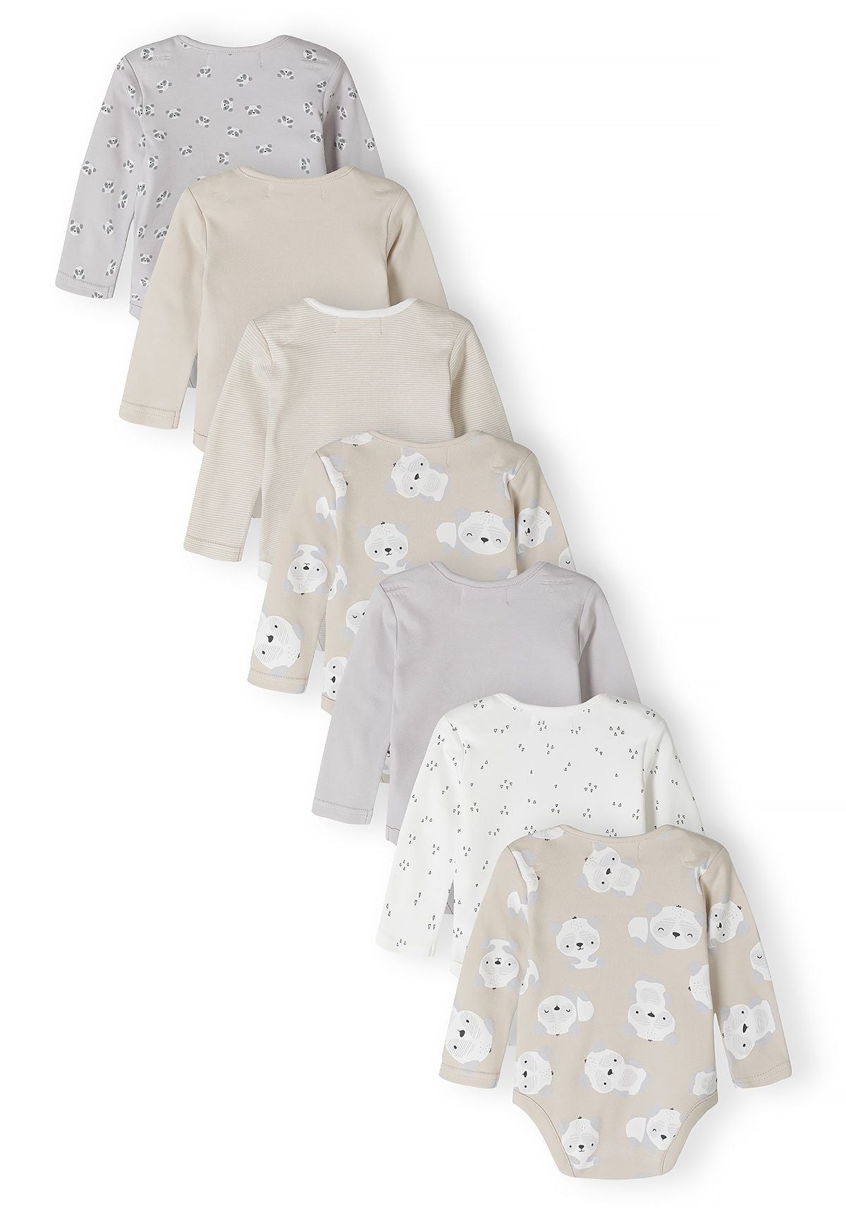 Babybeige, grijze en witte bedrukte hemdjes met lange mouwen (7-pack), alle zeven hemdjes, achterkant.