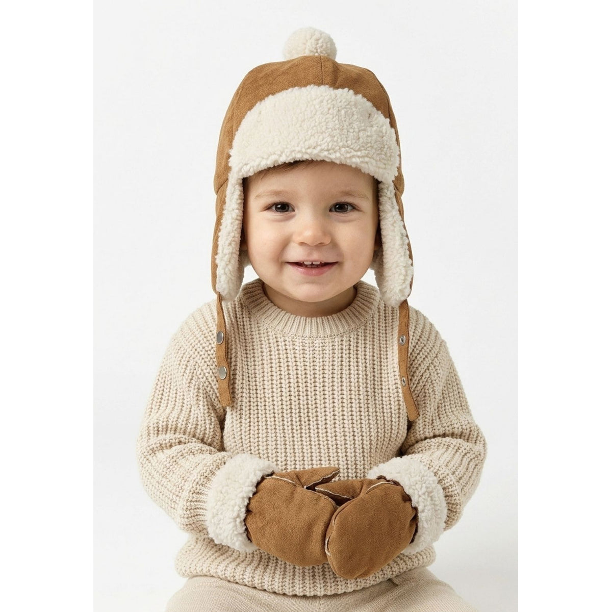 Baby trapper hat and mittens set — complete product view for square Shop card