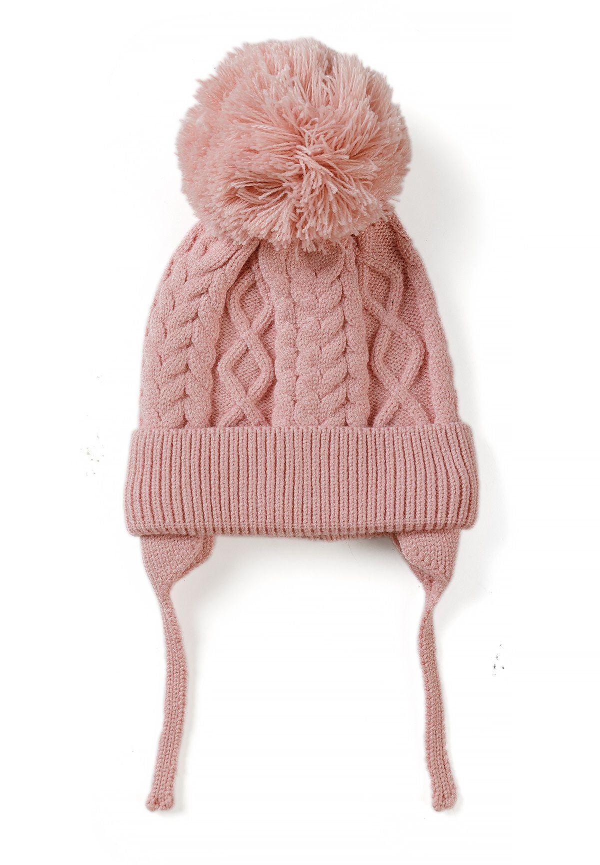 Pale pink baby cable-knit hat with yarn pom-pom, ribbed folded brim and chin ties.