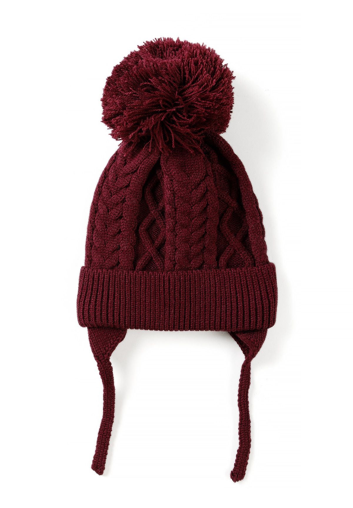 Burgundy baby cable-knit hat with matching pom-pom, folded brim and long earflap ties.