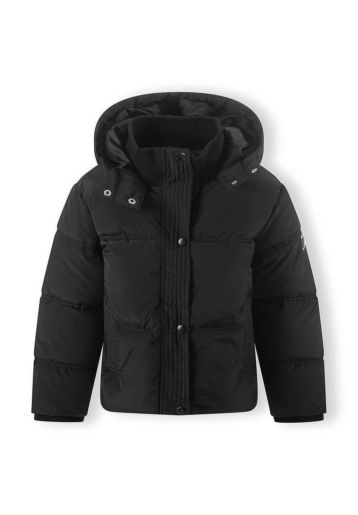 Schwarze Daunenjacke mit Kapuze für Mädchen, Vorderseite.