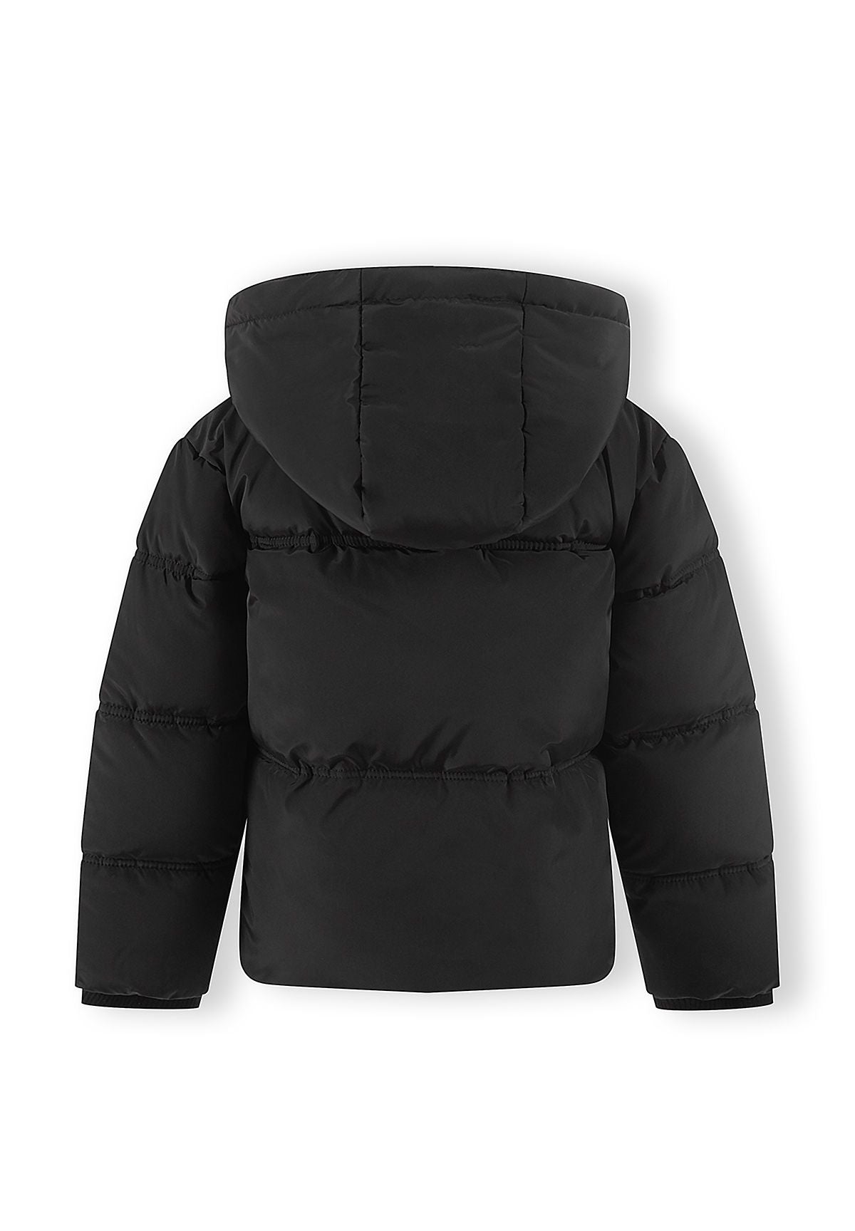 Schwarze Daunenjacke mit Kapuze für Mädchen, Rückansicht.