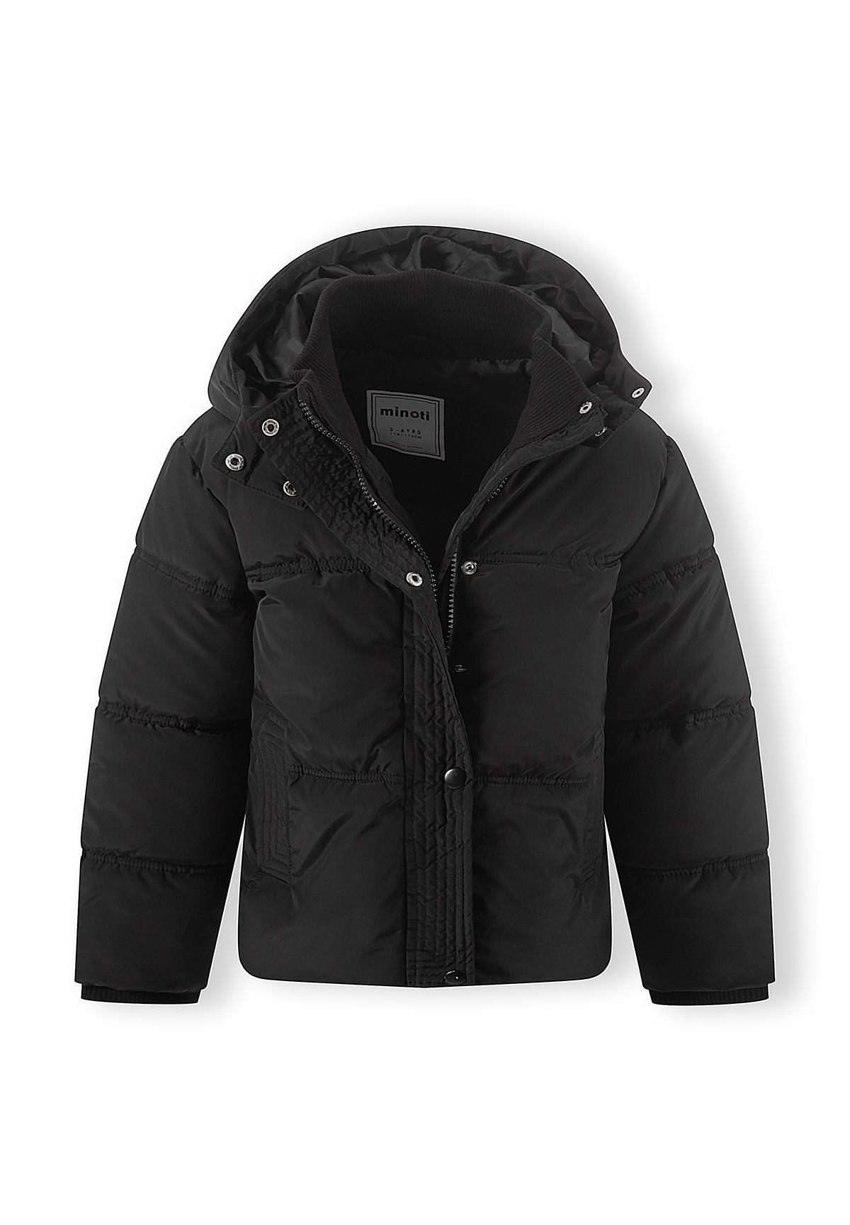 Schwarze Daunenjacke mit Kapuze für Mädchen, vorne mit Kapuzenfutter.