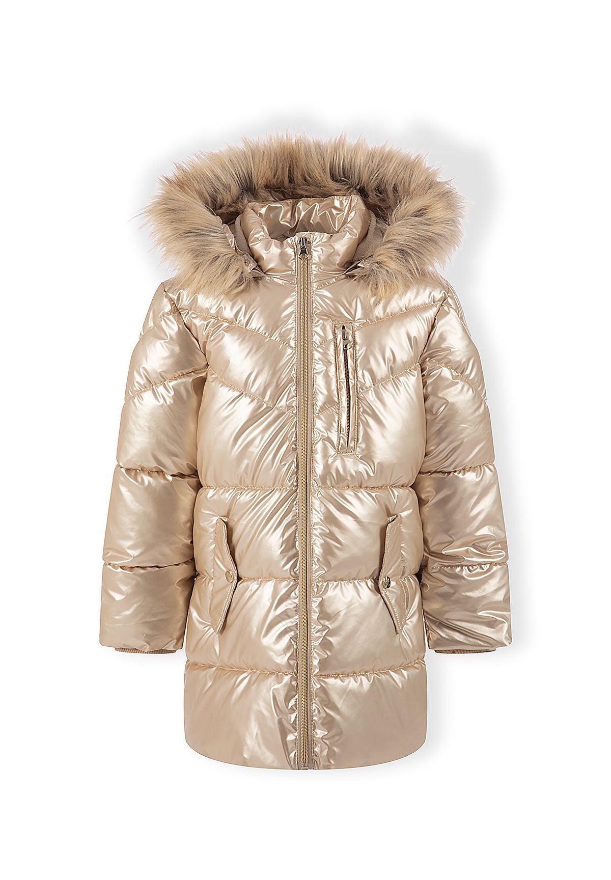 Girls' gold high-shine parka jacket with faux fur hood trim – Minoti 32COAT169, 3