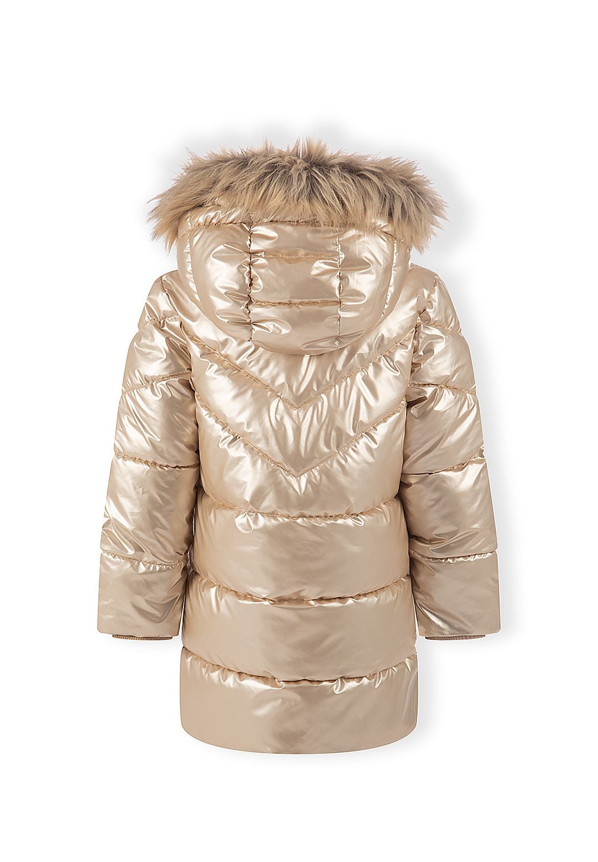 Girls' gold high-shine parka jacket with faux fur hood trim – Minoti 32COAT169, 4