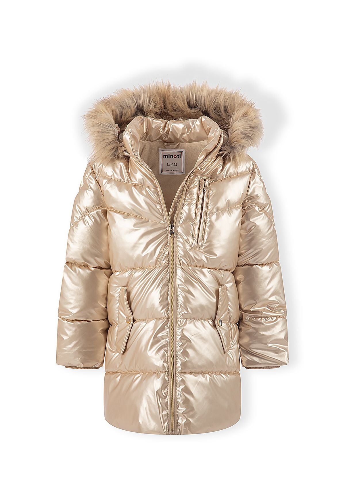 Girls' gold high-shine parka jacket with faux fur hood trim – Minoti 32COAT169, 5