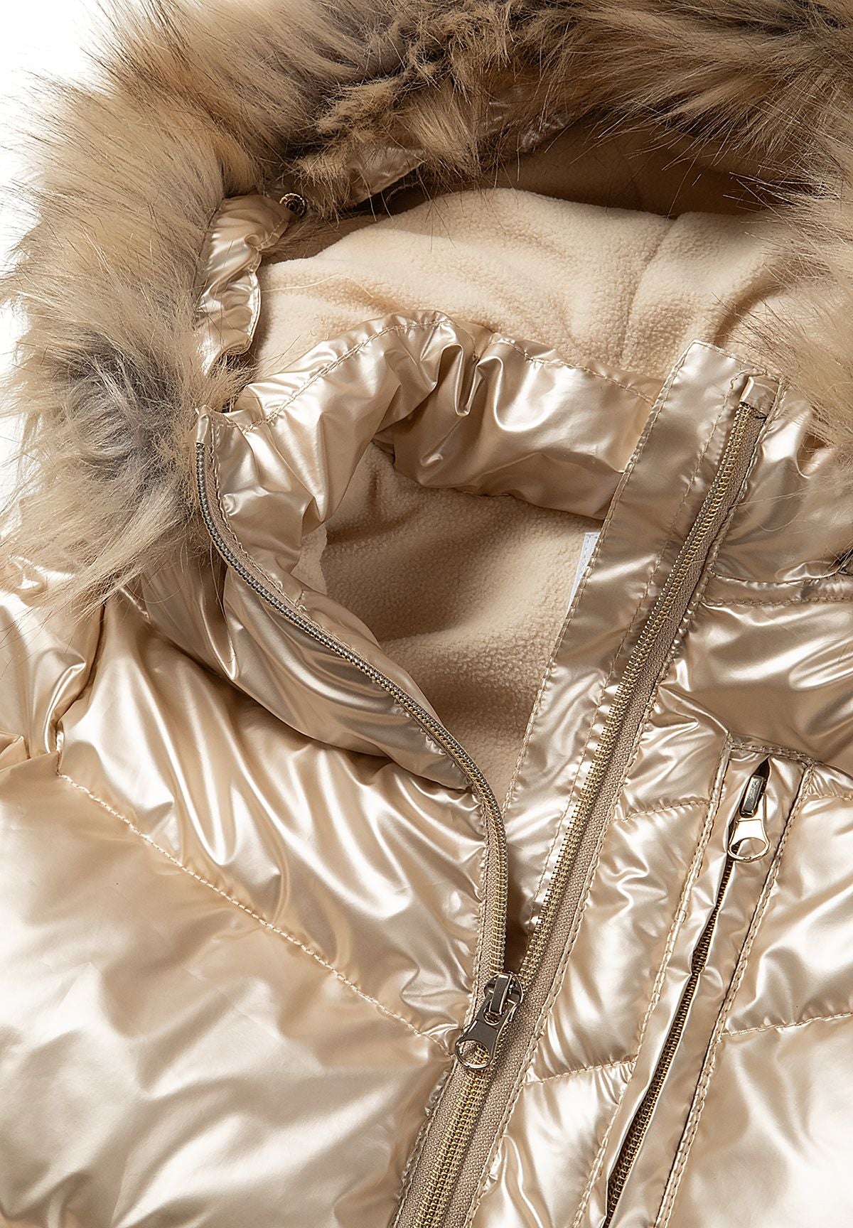 Girls' gold high-shine parka jacket with faux fur hood trim – Minoti 32COAT169, 9