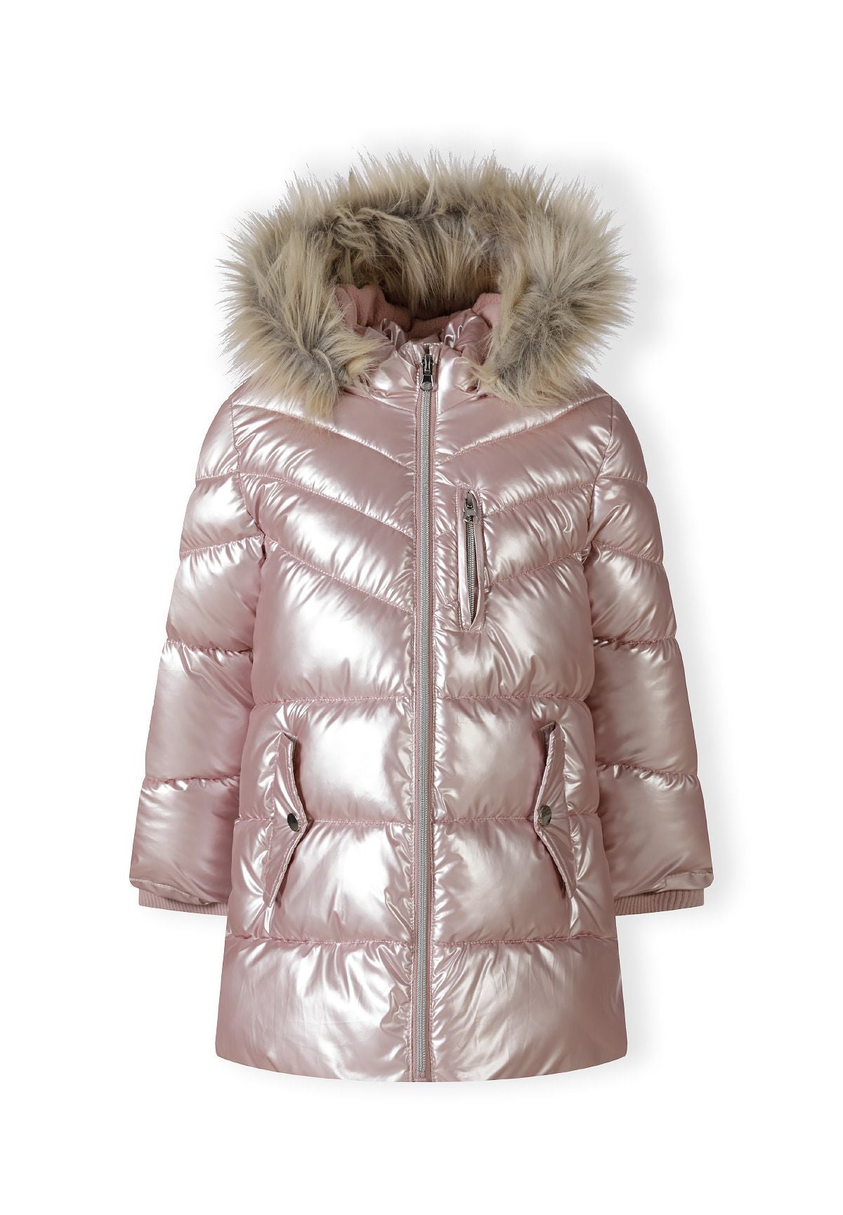 Front of a metallic pink coat with fluffy hood, V-shaped quilting, chest zip and two snap-flap pockets.