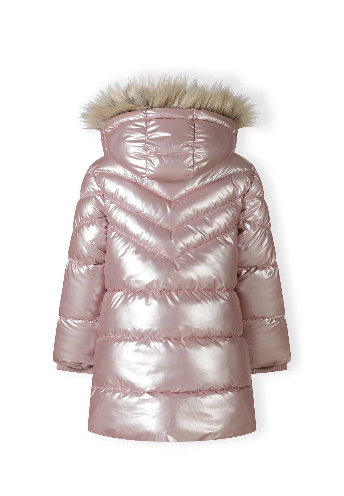 Girls' pink high-shine parka jacket with faux fur hood trim – Minoti 32COAT169B, 3