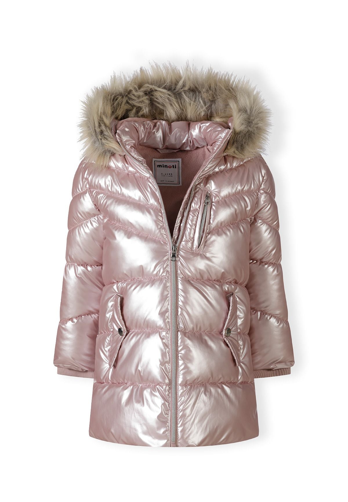 Girls' pink high-shine parka jacket with faux fur hood trim – Minoti 32COAT169B, 4