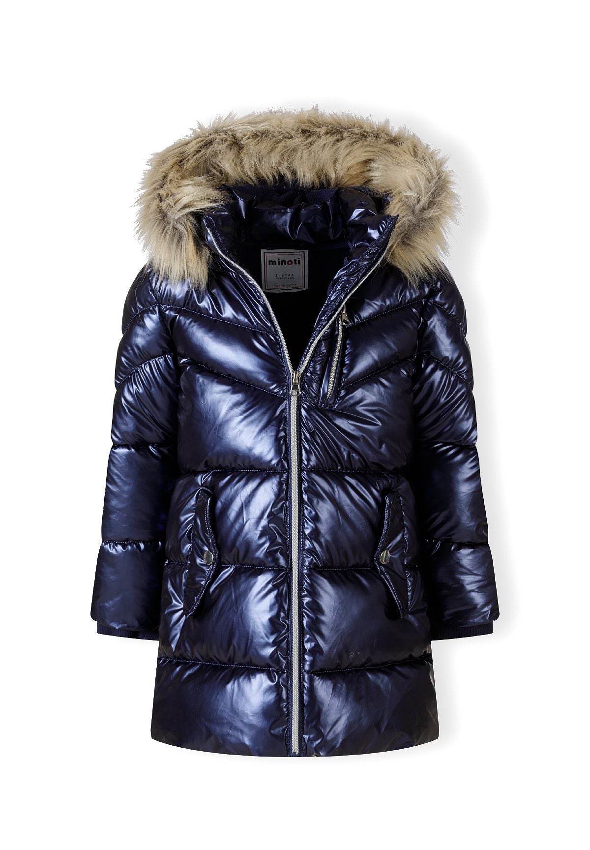 Glossy navy padded coat partly unzipped to show dark hood lining and faux-fur trim.