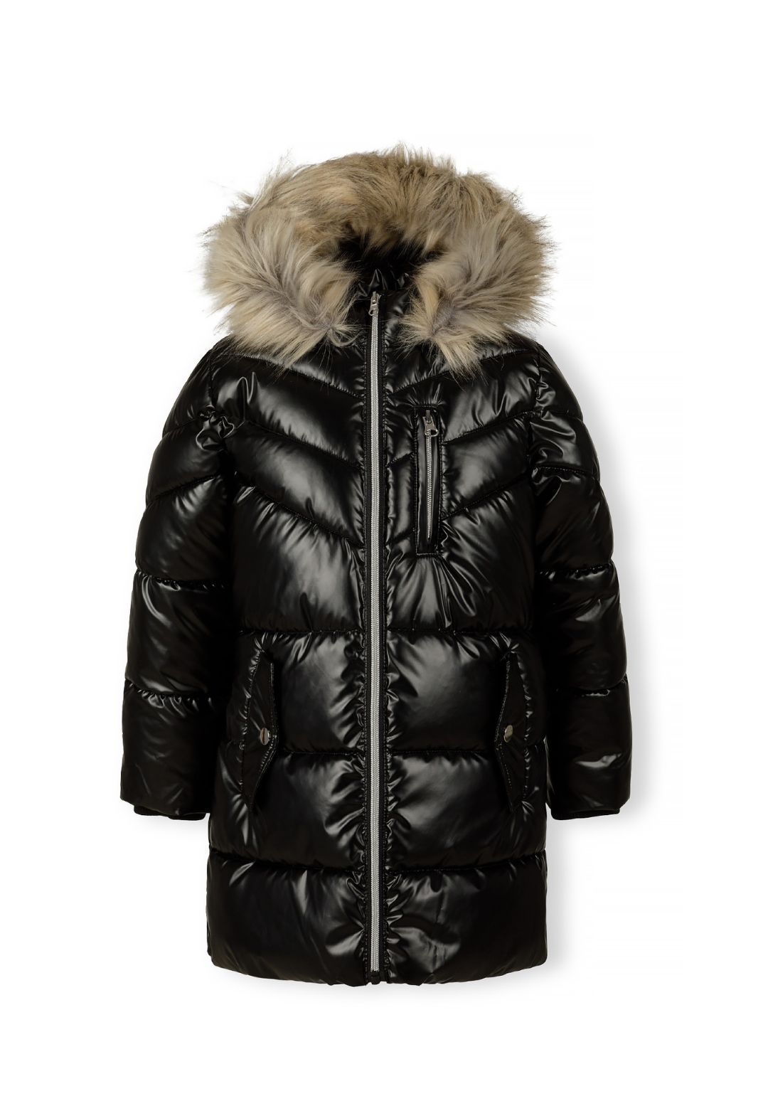 Front view of a glossy black hooded puffer coat with beige furry trim, chest zip and lower flap pockets.