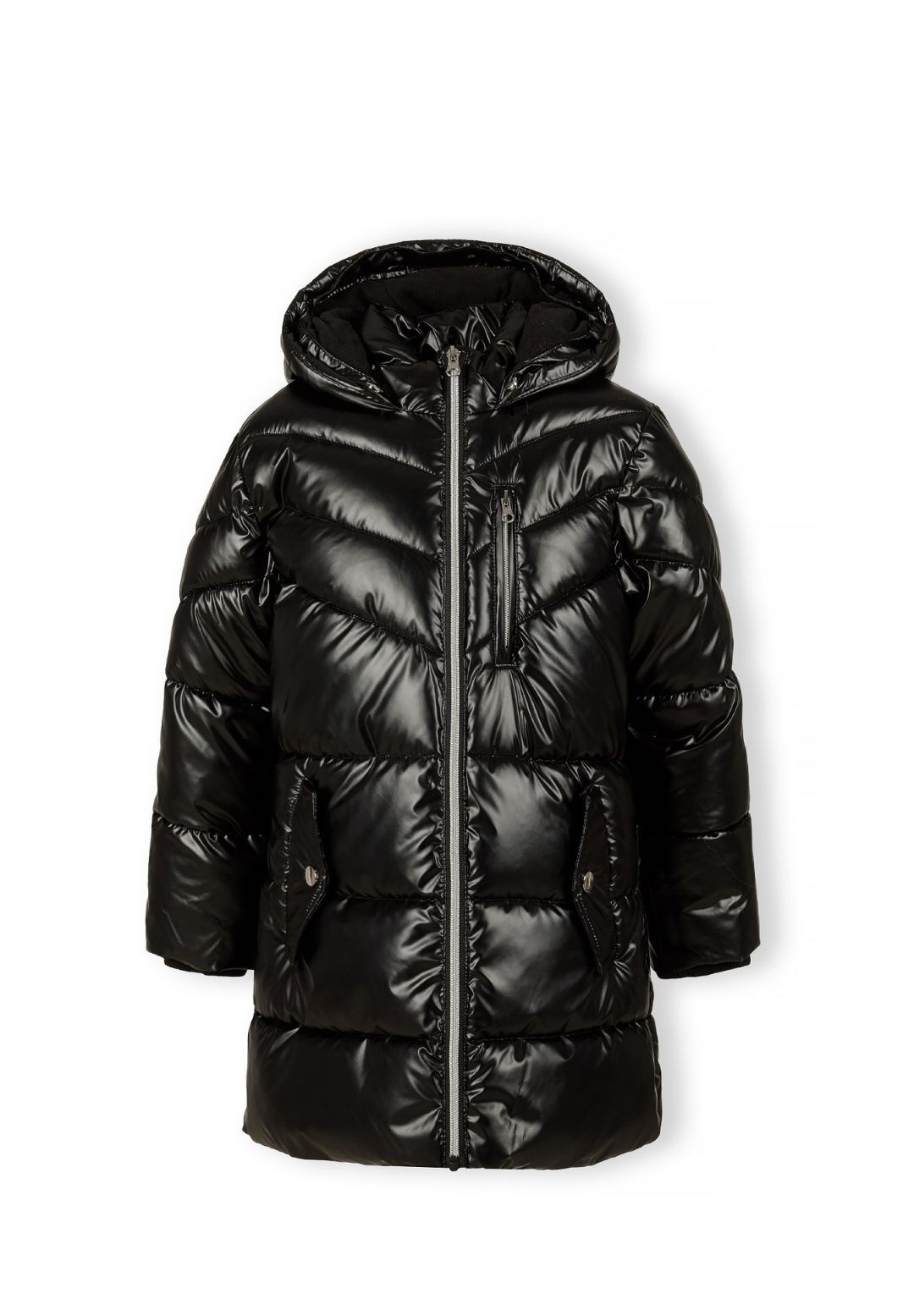 Front view of the glossy black puffer coat with its furry hood trim removed, showing three front pockets.