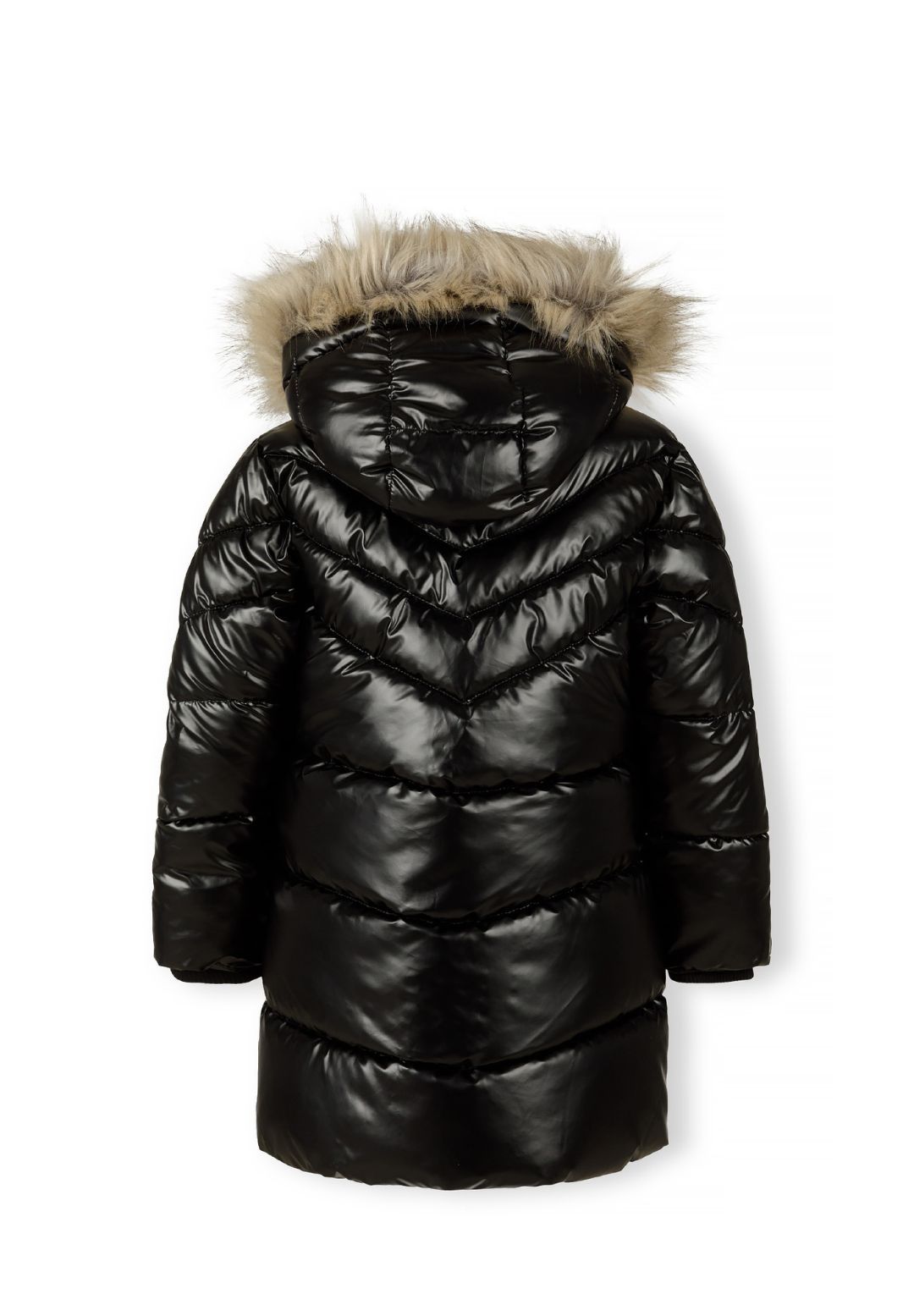 Back view of the glossy black puffer coat with beige faux-fur hood trim and V-shaped quilting.