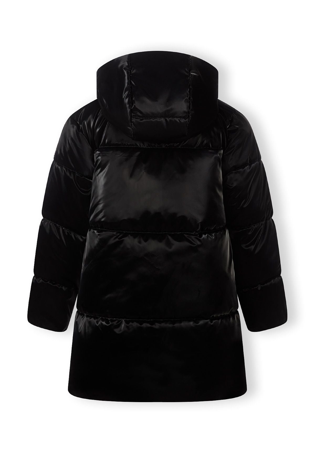 Back of a glossy black padded coat with a broad quilted hood and straight longline hem.