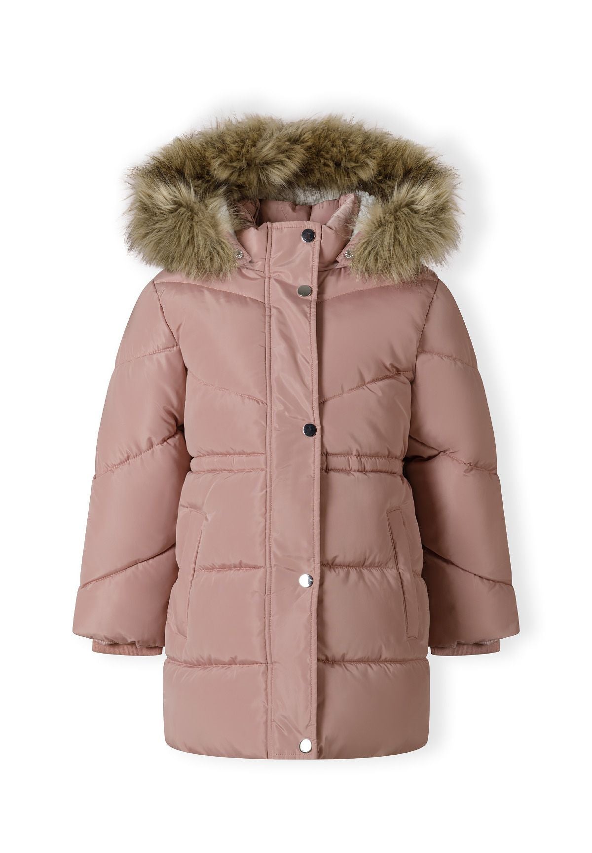 Front of a dusty pink padded girls' coat with brown fluffy hood trim, gathered waist, side pockets and snap placket.