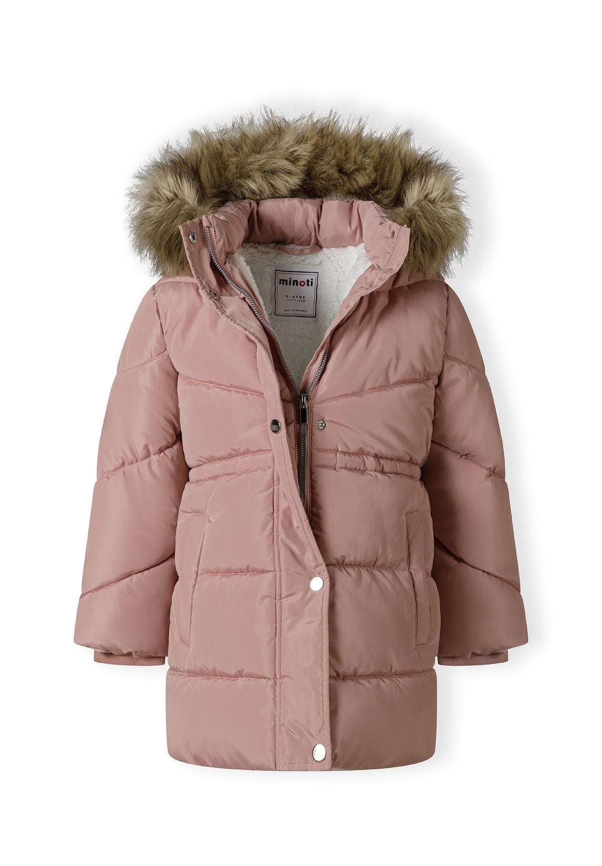 Dusty pink coat partly open, showing a white plush-lined hood, inner zip and silver snap-front placket.