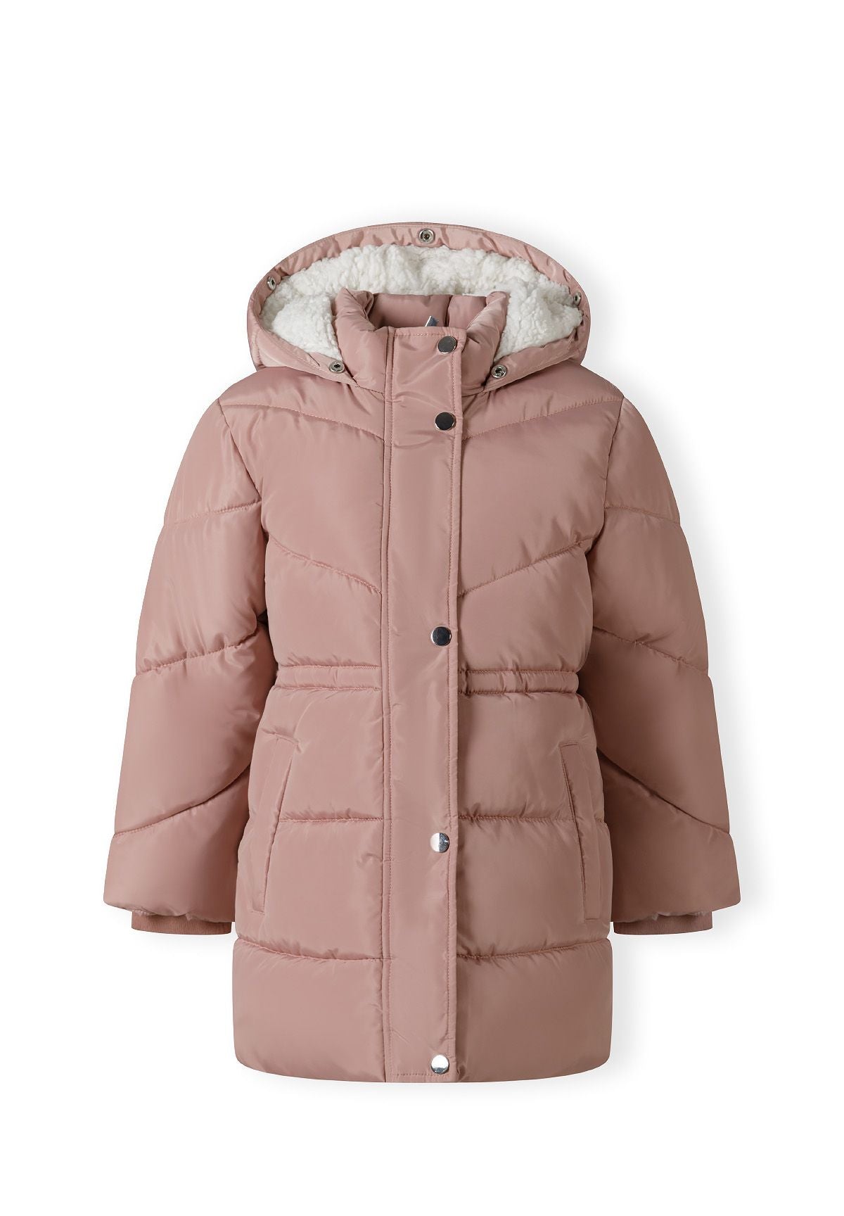 Front of a dusty pink hooded coat without fluffy trim, showing white hood lining and a covered snap closure.