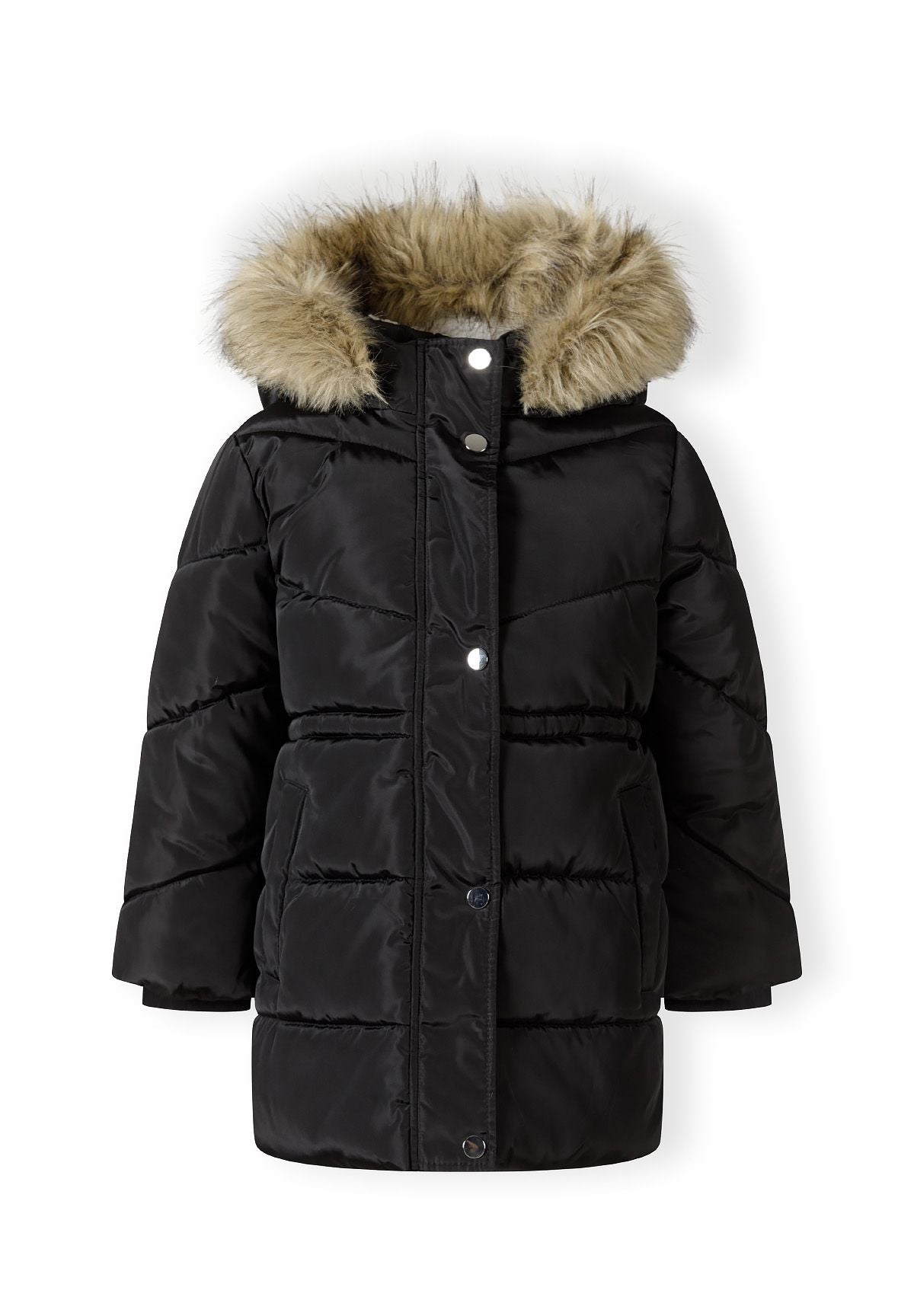 Front view of a black padded coat with beige faux-fur hood edge and snap-button storm flap.