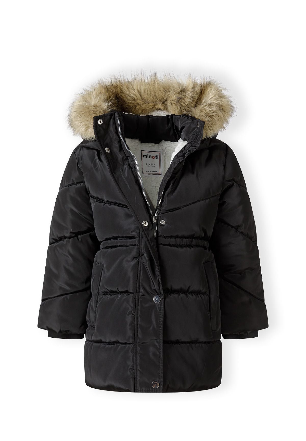 Black padded coat partly opened to show white fleece lining beneath the faux-fur trimmed hood.