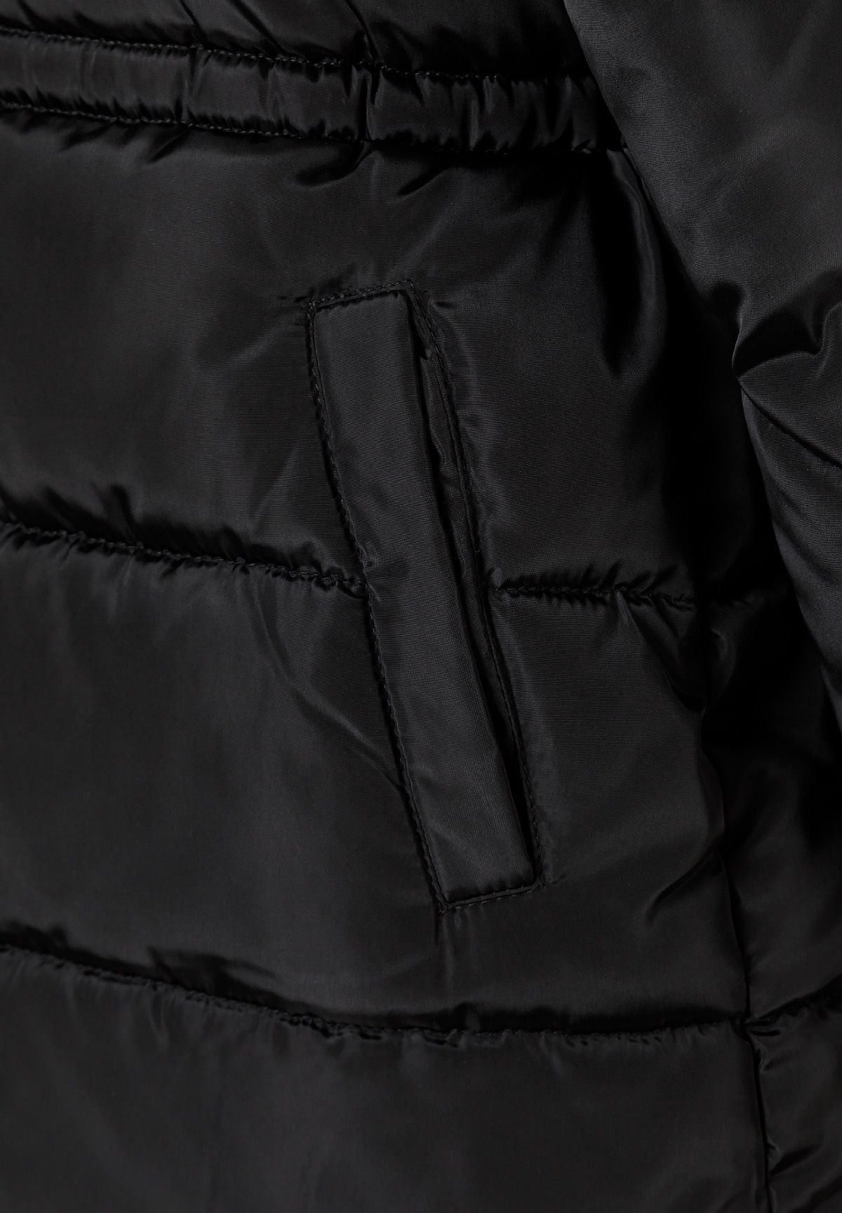 Close-up of a vertical welt side pocket on a black quilted padded coat.