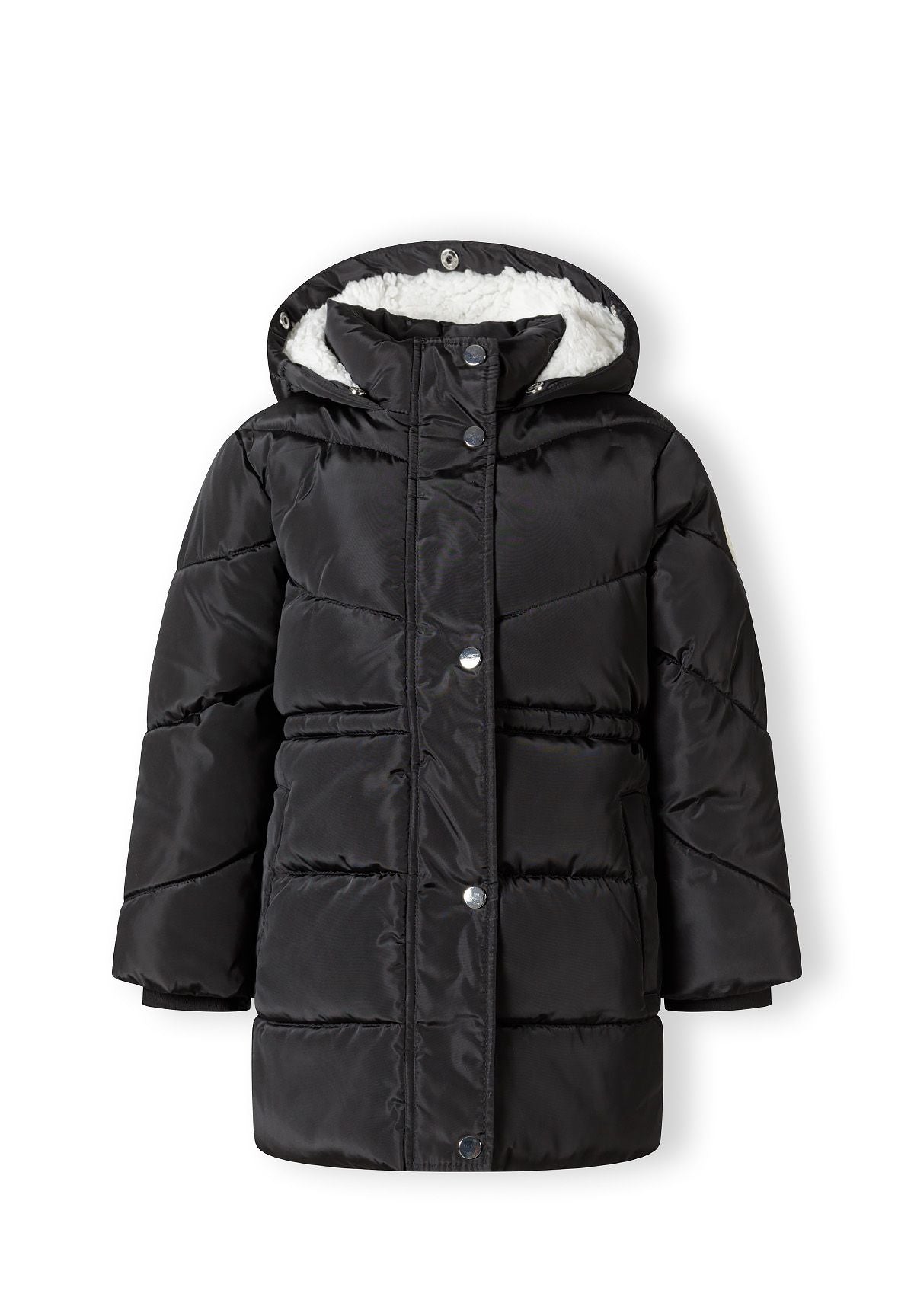 Front view of a black padded coat with faux-fur hood edge removed to reveal white hood lining.
