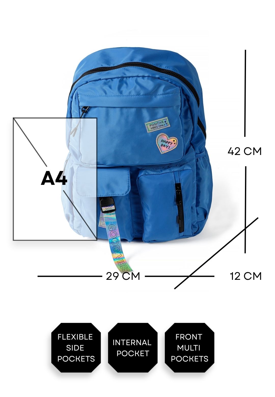 Blauwe meisjesrugzak met glanzende badges, maattabel met A4-vergelijking.