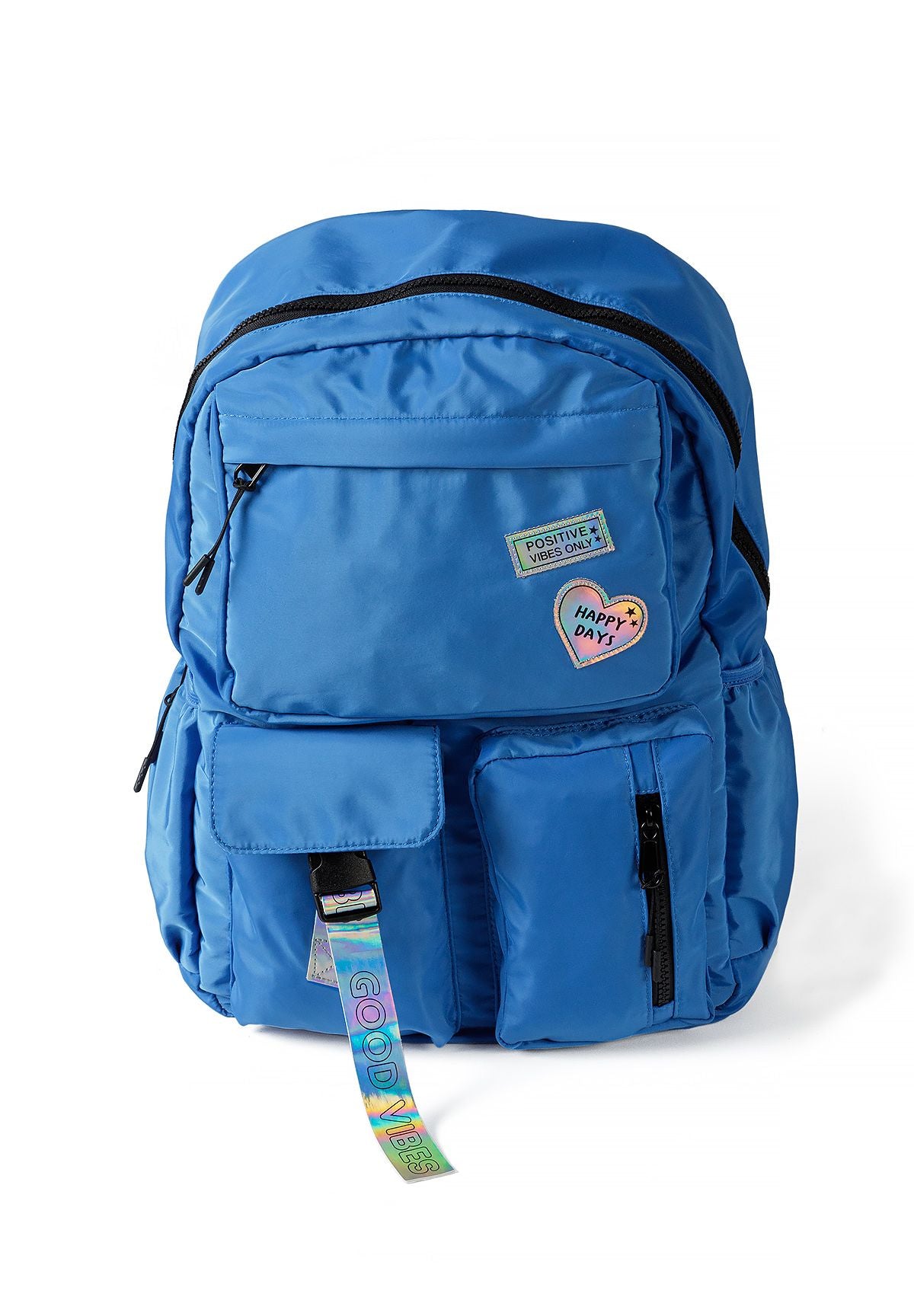 Kids' blue backpack with holographic slogan patches – Minoti 32BAG154