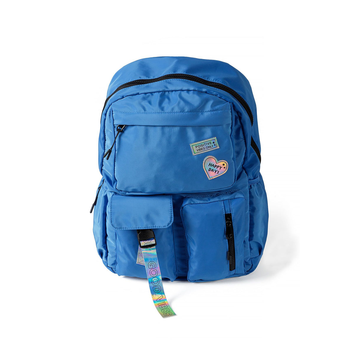 Girls' backpack with shiny badges in blue — complete product view for square Shop card