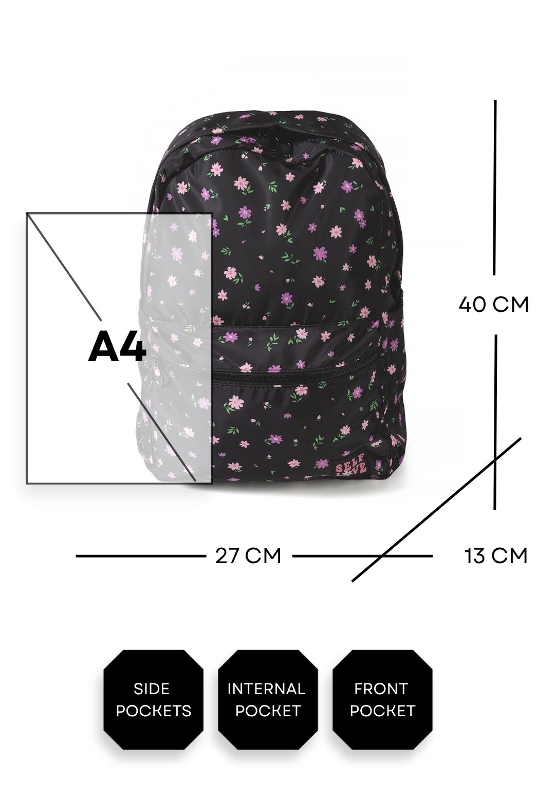 Girls' black backpack with an all-over ditsy floral print – Minoti 32BAG155, 4
