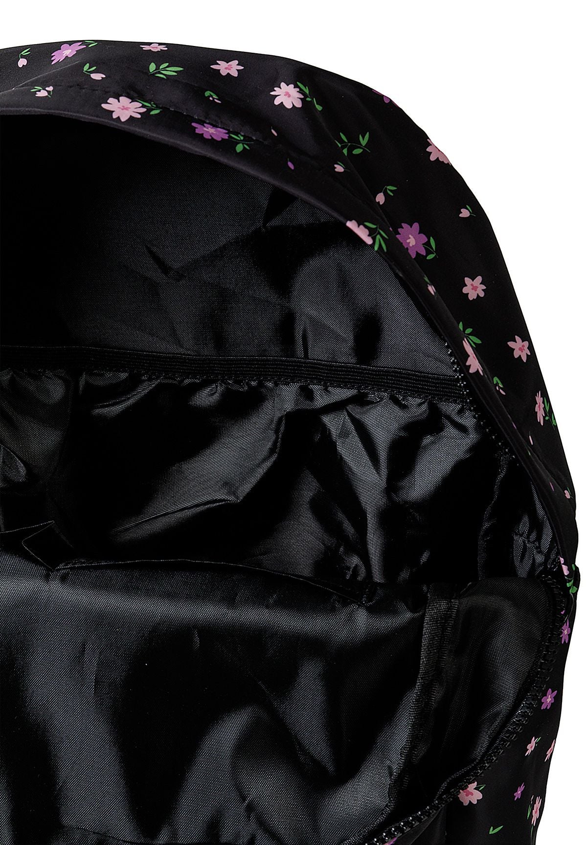 Zwarte rugzak met bloemenprint voor meisjes, binnenkant van het hoofdvak.