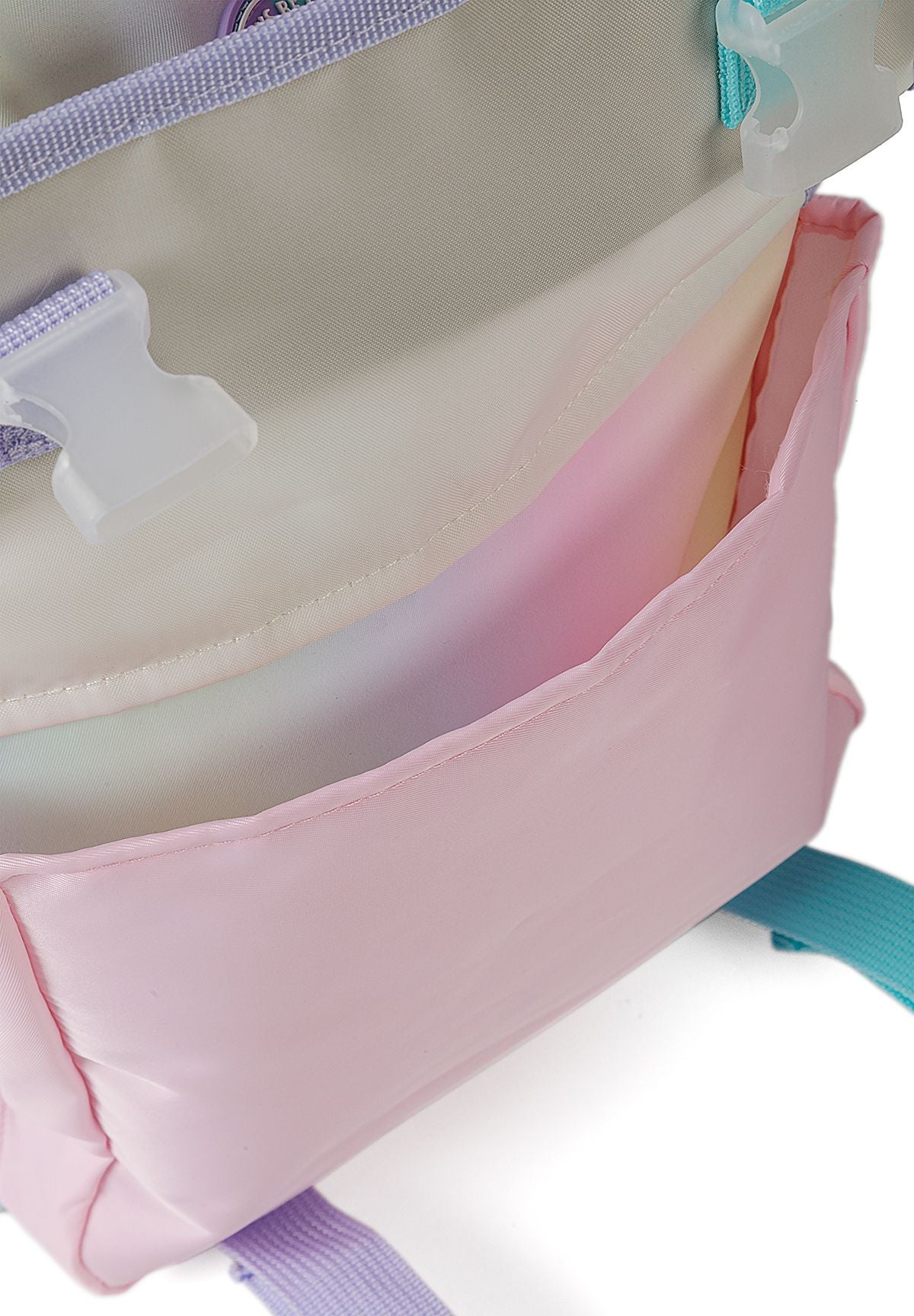 Roze regenboogrugzak voor meisjes, detail van het voorvak.