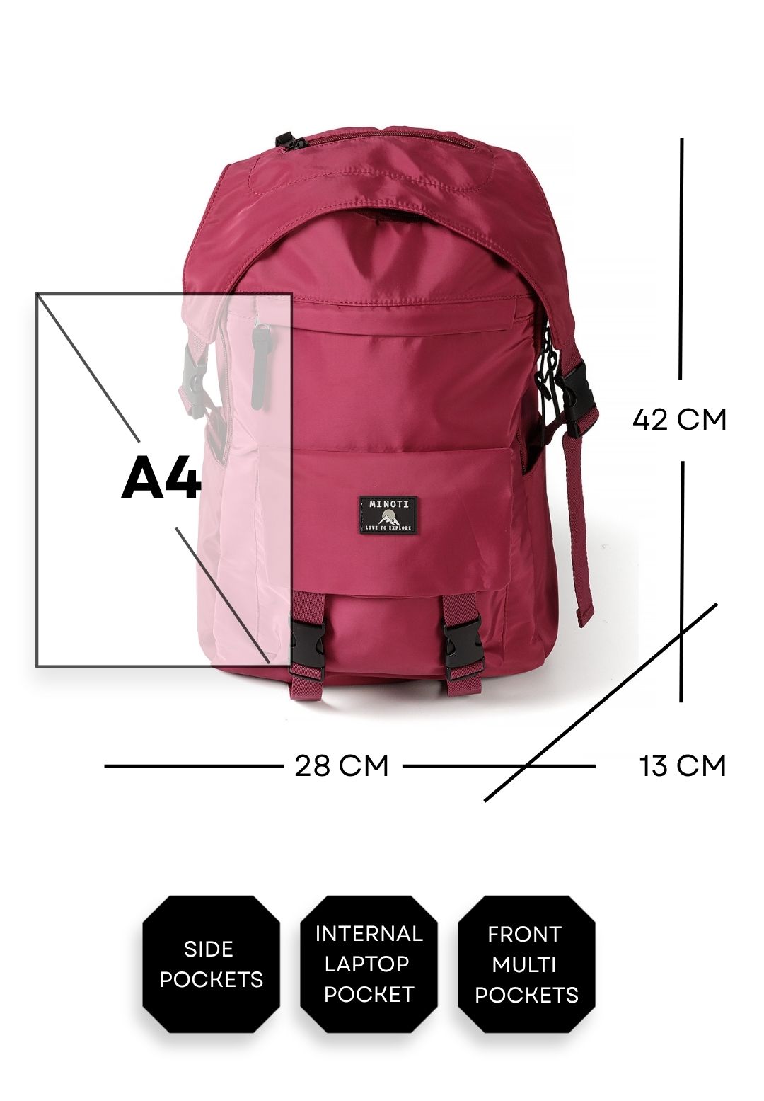 Kids' burgundy backpack with a buckled flap and side pockets – Minoti 32BAG152, 4