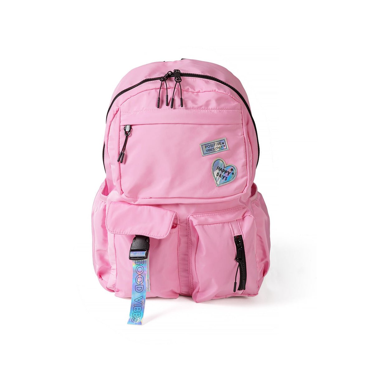 Girls' backpack with shiny badges in pink — complete product view for square Shop card