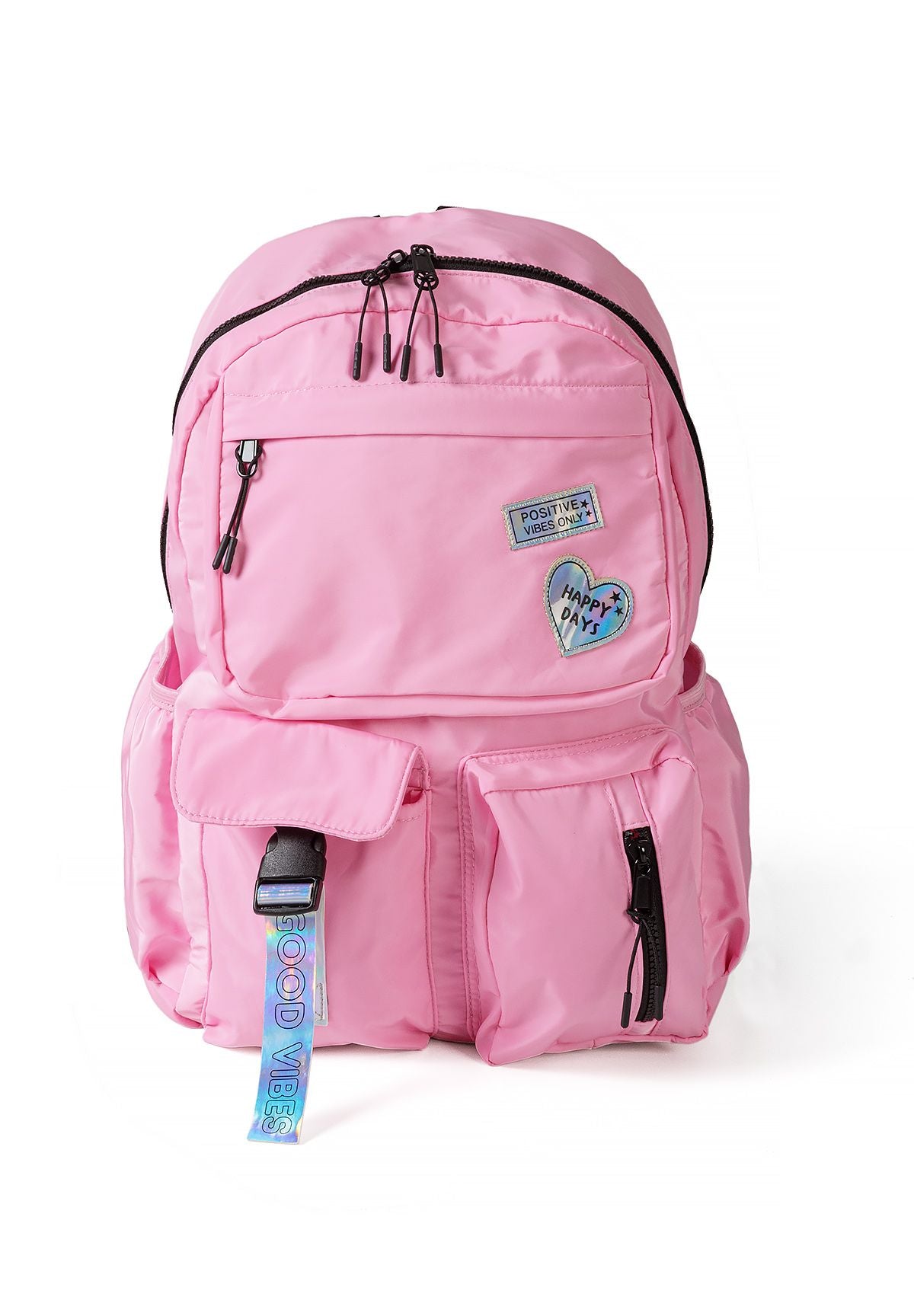 Roze meisjesrugzak met glanzende badges, voorkant.