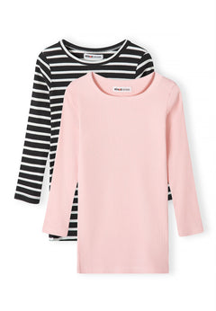 Front of pale-pink and black-and-white striped long-sleeved ribbed dresses.